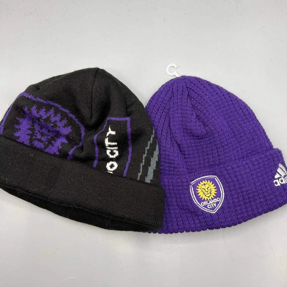 Lot of 2 Orlando City Hat Youth Purple Black Adidas MLS Cuffed Beanie Cap‎ New